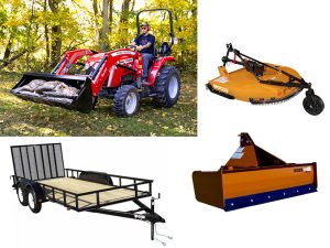 Massey Ferguson Tractor Package #MA2 with MF 1E.25 tractor, Woods BB60.30 and BSS54P implements, and 7x20 TA utility trailer for versatile farm and utility work