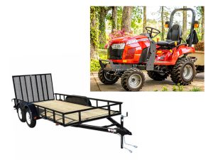 Massey Ferguson Tractor Package #MTA1 featuring GC1723E tractor, MF2326 mower, and Triple Crown 7x20 utility trailer for farm and yard use