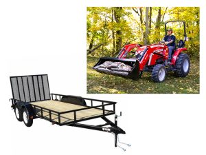 Massey Ferguson Tractor Package #T32 featuring MF 1E.25 tractor with loader and bucket, plus Triple Crown 7x20 HD utility trailer for farm and landscaping use